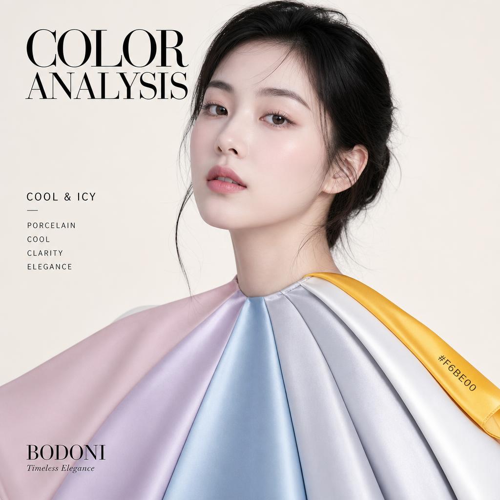 Cool Summer color analysis draping — silk fabrics in the cool summer palette held against the model's skin.