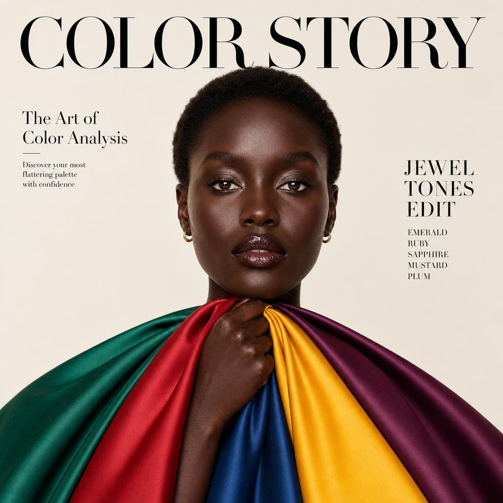Deep Winter color analysis draping — silk fabrics in the deep winter palette held against the model's skin.