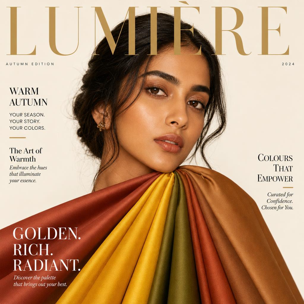 Warm Autumn color analysis draping — silk fabrics in the warm autumn palette held against the model's skin.