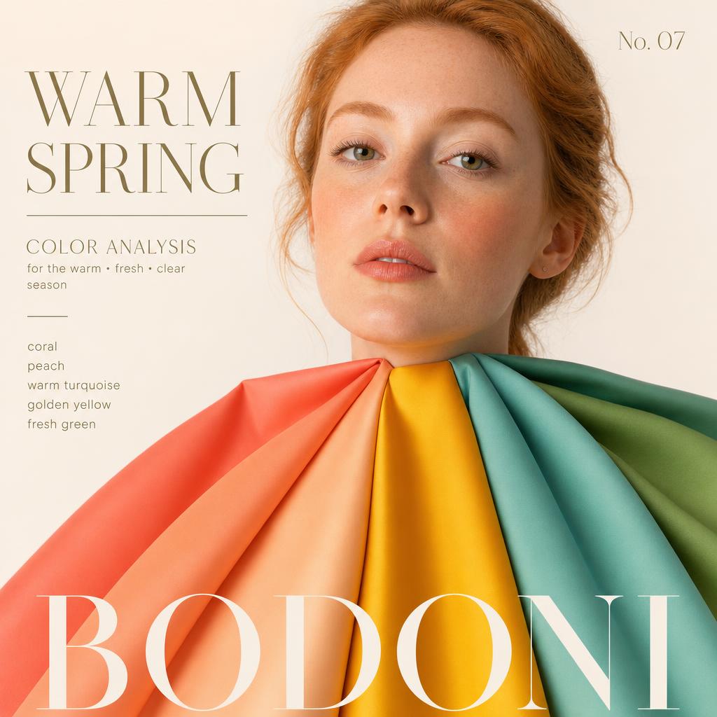 Warm Spring color analysis draping — silk fabrics in the warm spring palette held against the model's skin.