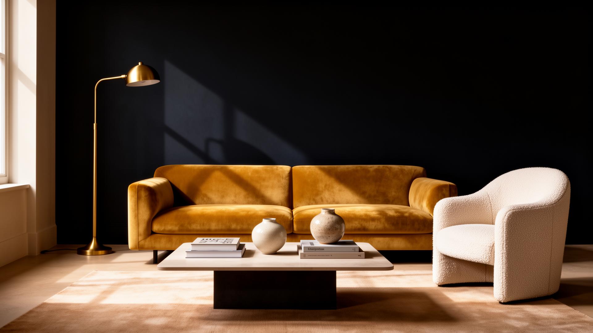 Minimal living room styled by Versotag with a mustard accent chair, black sculptural lamp and warm ivory walls.