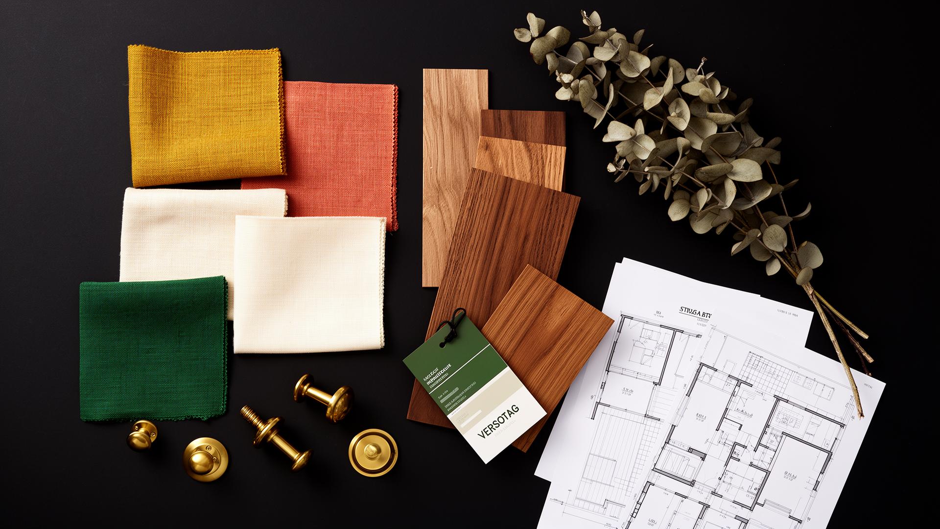 Versotag interior moodboard — fabric swatches, wood samples, brass hardware and a floor plan on an ink-black surface.