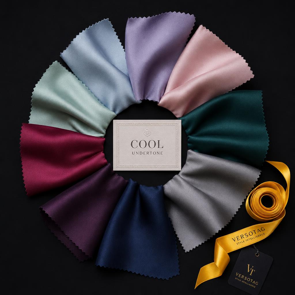Cool undertone color wheel — silk fabric swatches arranged on an ink-black background.