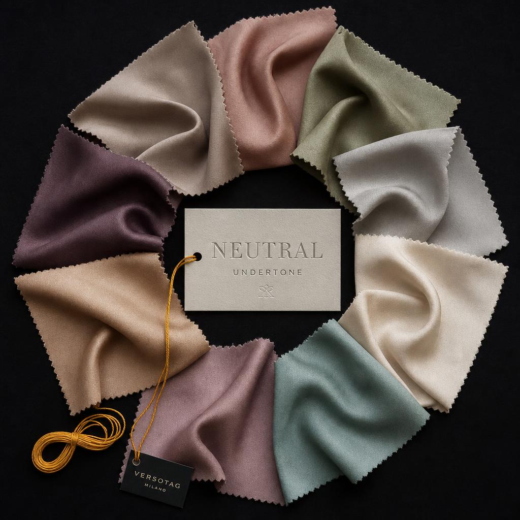 Neutral undertone color wheel — silk fabric swatches arranged on an ink-black background.