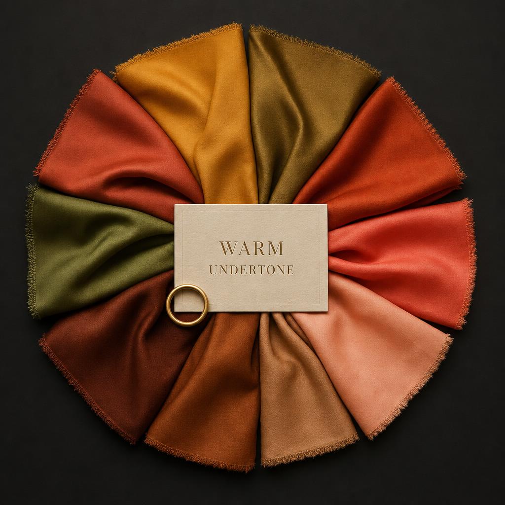 Warm undertone color wheel — silk fabric swatches arranged on an ink-black background.