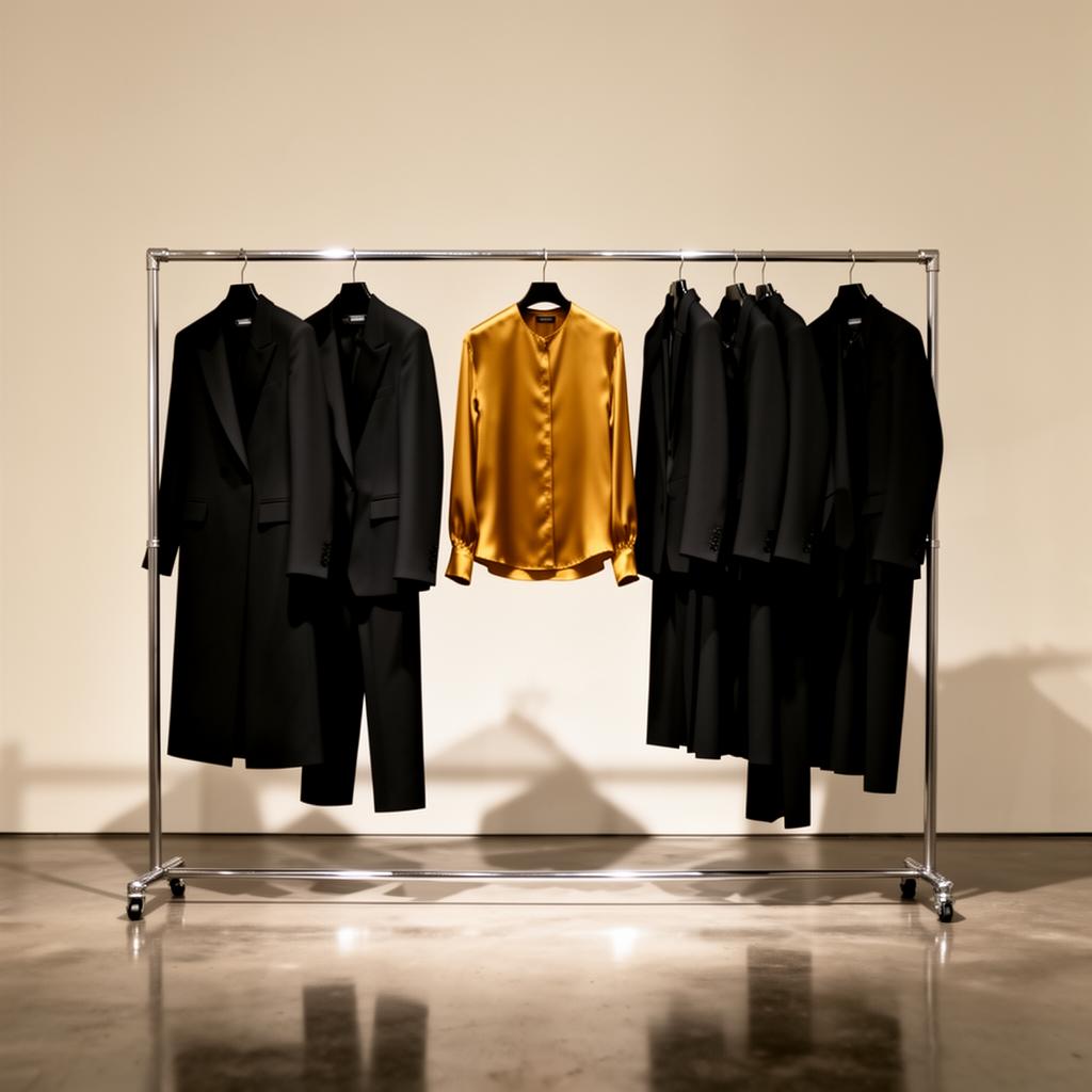 Curated rack of black tailored garments with a single mustard-yellow silk blouse at centre.